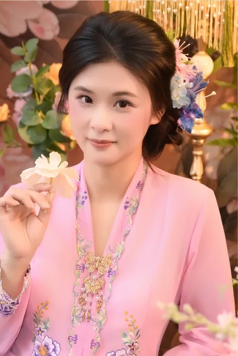 身穿粉色可峇雅、别金蝴蝶胸针的女子手执一朵白花
