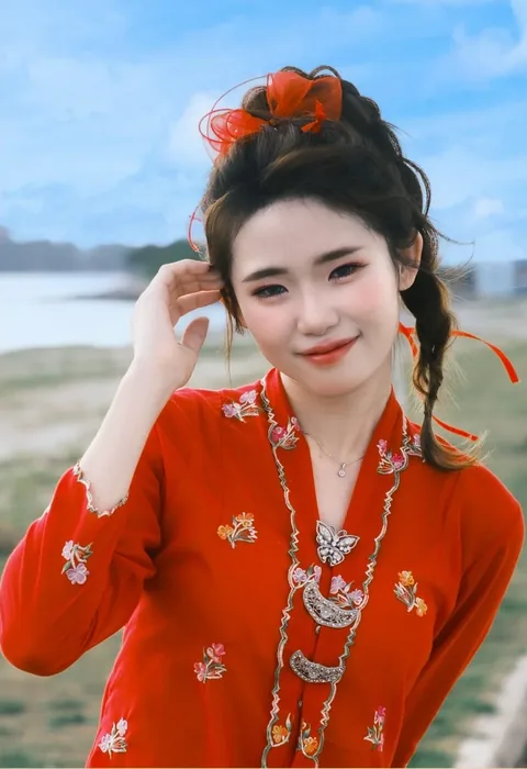 身穿红色绣花可峇雅、别银胸针的女子，背景是海边天空